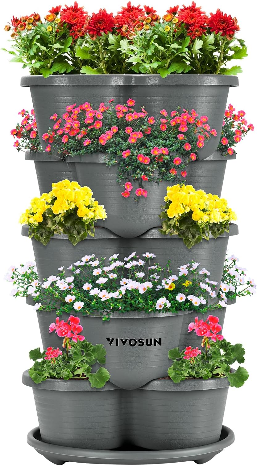 VIVOSUN 5 Tier Vertical Gardening Stackable Planter for Strawberries, Flowers, Herbs, Vegetables, 1-Pack Gray