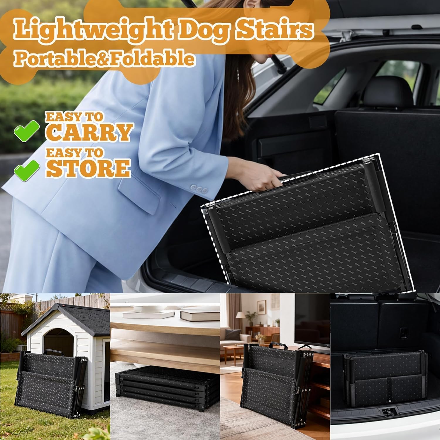 Dog Stairs for Car - Foldable 5-Step Non-Slip Pet Stairs for Home, Lightweight Dog Steps for Senior & Small Dogs to SUV, Truck, Bed - Supports 200 lbs