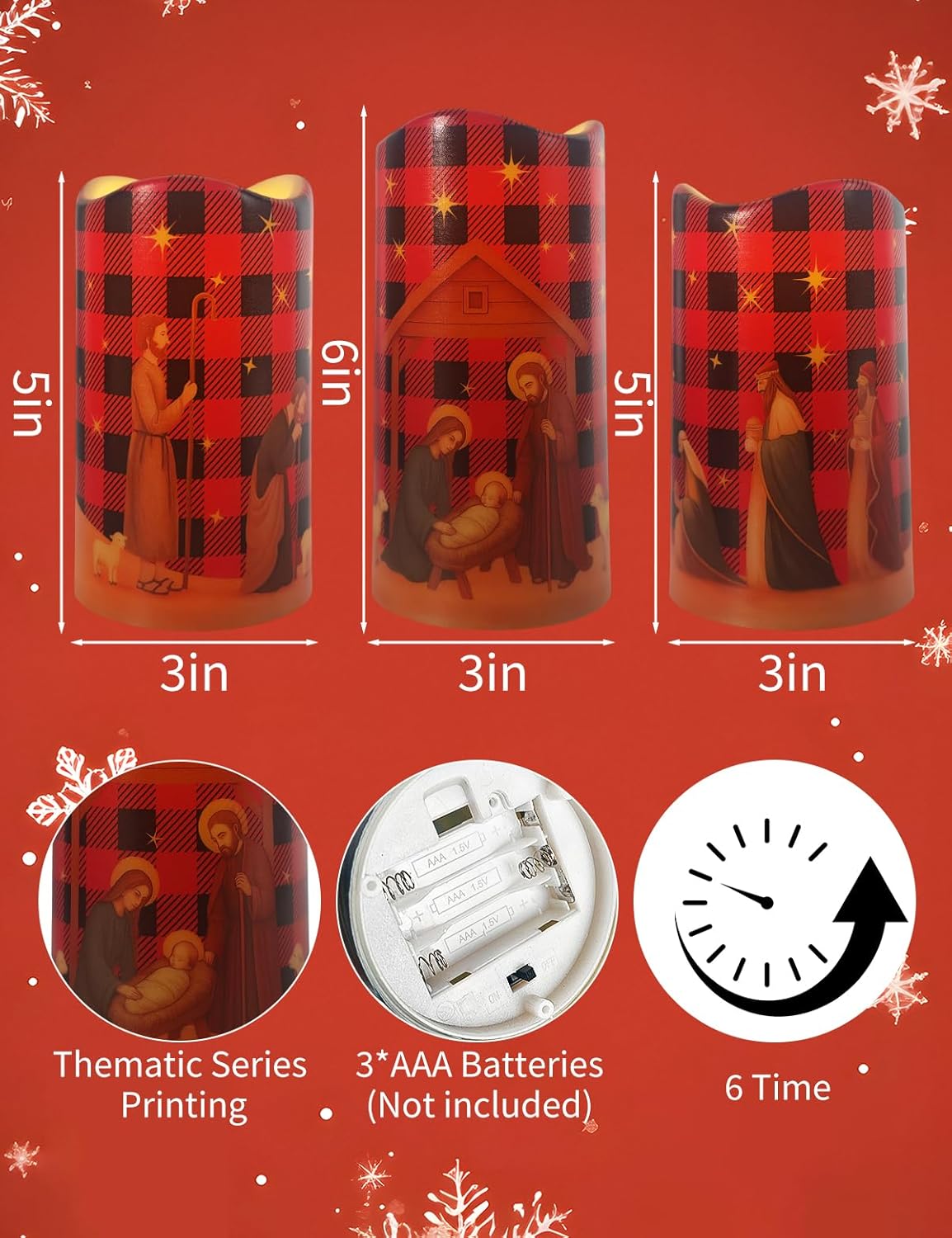 3Pcs Christmas Red and Black Nativity Scene Flameless Candles LED Pillar Jesus Religion Candle Battery Operated with Timer for Xmas Christian Holiday Table Home Decor Church Party