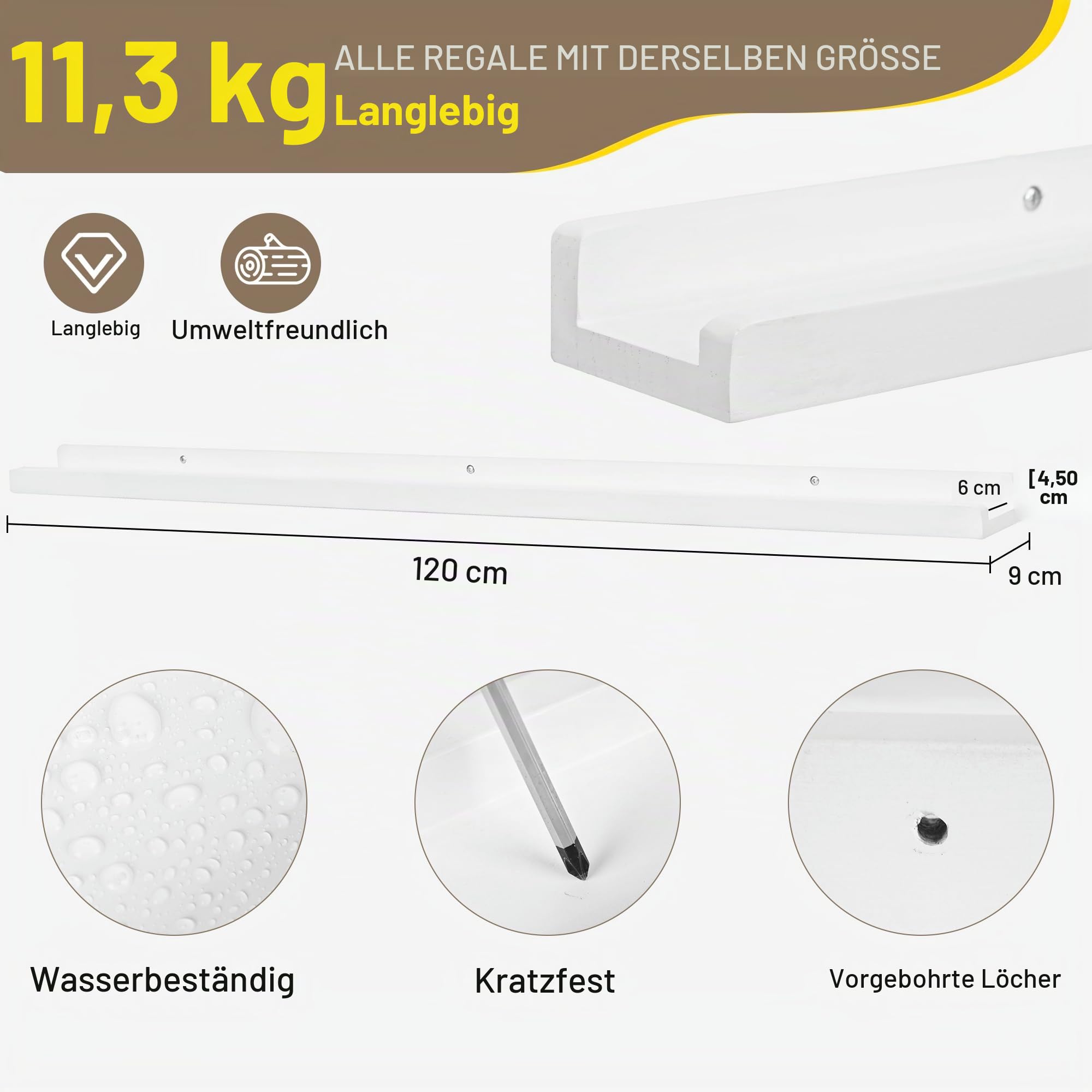 Bilderleiste Regal,Wandregale für Bilder,Langes Schweberegal 4er Set,Großes Rustikales Holzrahmen-Regal für Schallplatten,Kinderzimmer Bücherregal Dekoration für Wohnzimmer Schlafzimmer,120 cm,Weiß