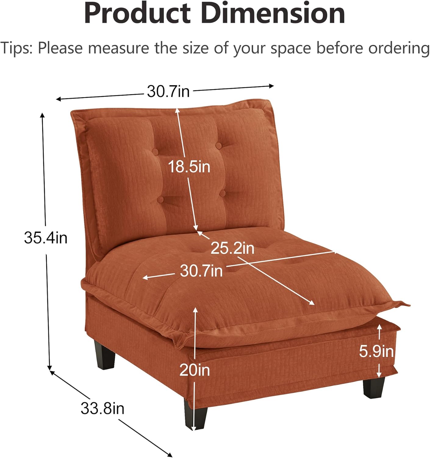 SoarFlash Midddle Single Sofa,One Seat Chenille Couch for Living Room, Bedroom, Small Space(Orange)