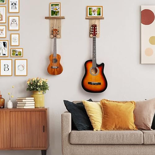 Miniatura 21 de Keebofly Soporte de pared para guitarra, paquete de 3, colgador de guitarra de madera rústica con soporte para púas para acústico, eléctrico, bajo