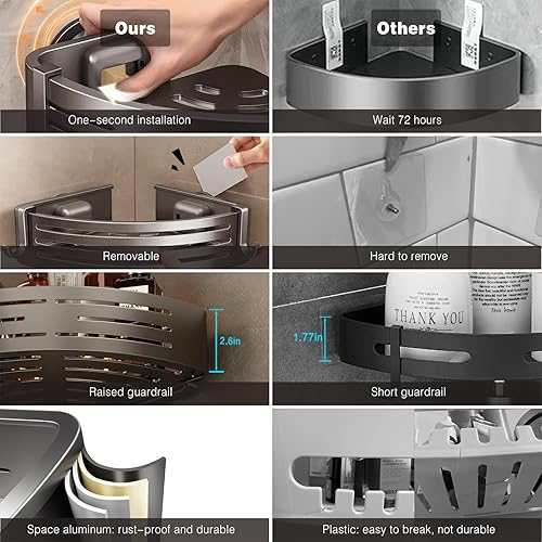 Miniatura 4 de Voldra Ventosa para regadera, paquete de 2 estantes de ducha para ducha interior, sin taladrar, organizador de duchas de succión de aluminio con