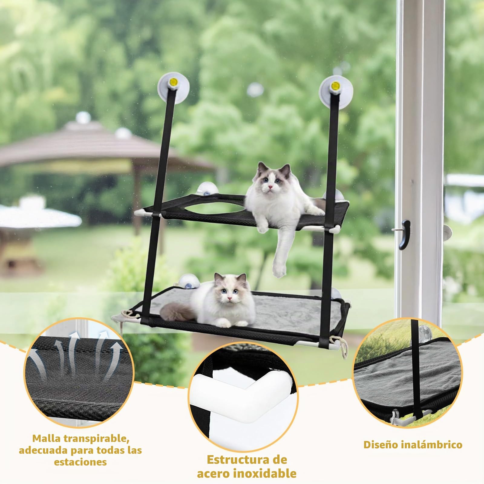 Doble Hamaca para Ventana de Gato,Asiento Soleado de Gatito con Fuerte Ventosa,Cama Colgante para Gatos,Soportar hasta 25kg,para Tomar la Siesta y Tomar el Sol
