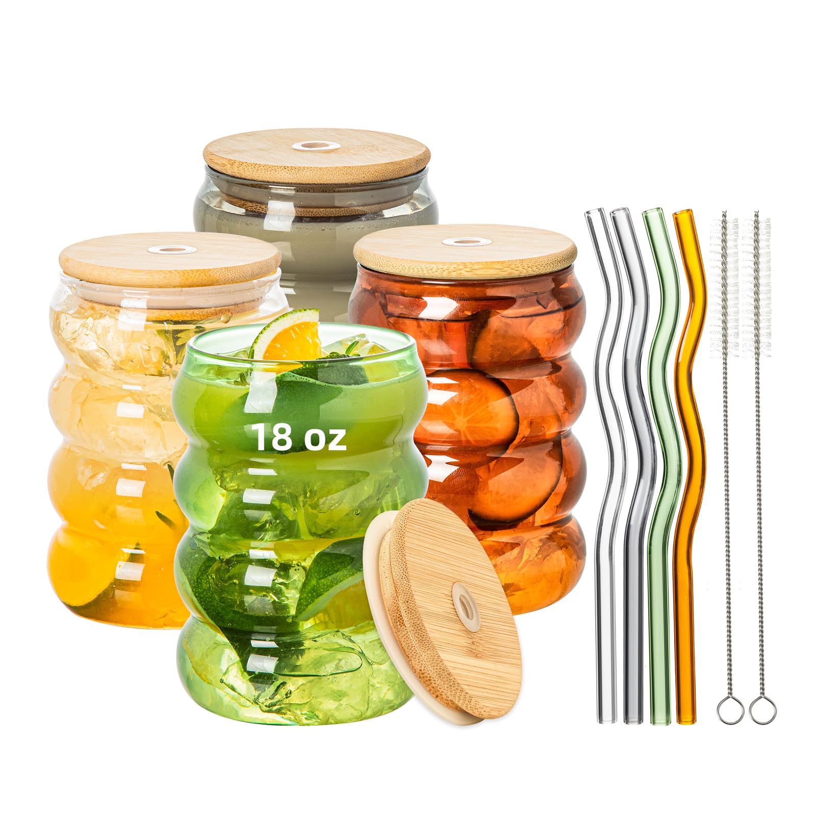 KEMORELAVibrant 4-Piece Colorful Drinking Glasses Set - 18oz Glassware for Iced Coffee, Water, Mixed Drinks | Includes Lid, Glass Straw, and Cleaning Brushes | Ribbed Design (4PCS-Colorful)