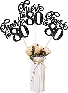 12 PCS Cheers to 80 Centerpiece Sticks Double Sided Glitter 80th Birthday Cake Toppers Number 80 Centerpieces Table Flower Topper Decorations for 80th Birthday Party Centerpiece Supplies Black