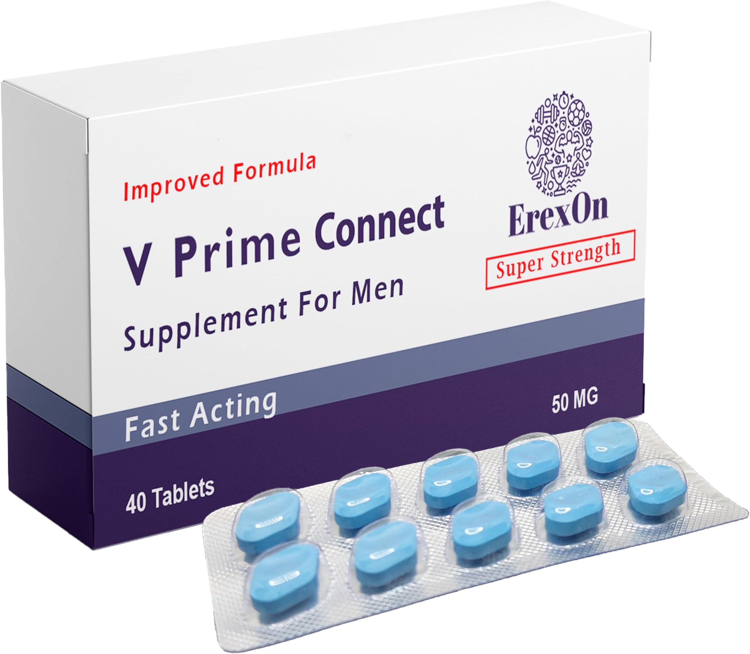 Erexon - V Prime Connect 40 Blue Pills for Men - 50MG Powerful and Fast Acting Tablets - Naturally Extracted Blue Pill Supplement for Energy and Stamina Support - Male Performance
