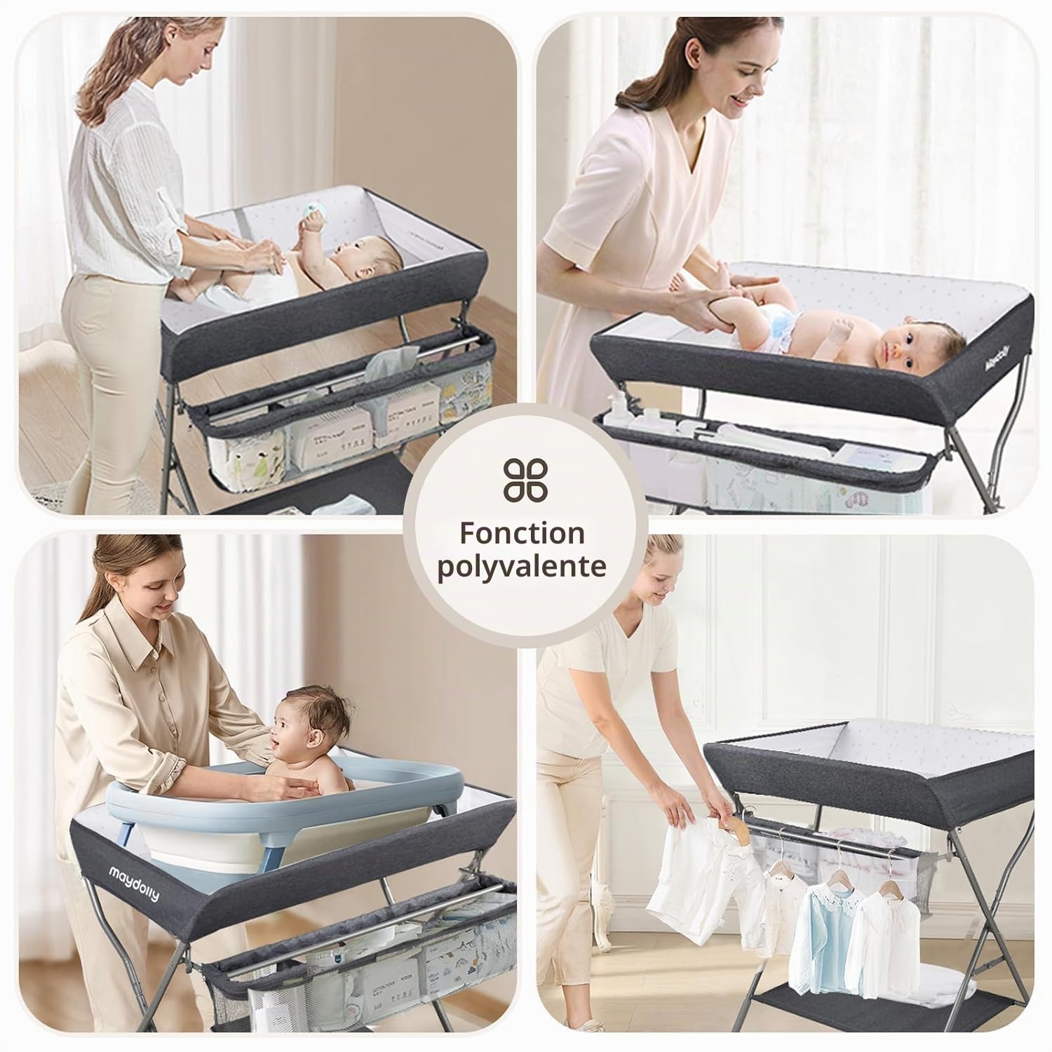 Maydolly Table à langer pour bébé avec roues, station à langer pliante portable à hauteur réglable avec organiseur de pépinière et support de rangement pour nouveau-né et nourrisson (gris foncé)