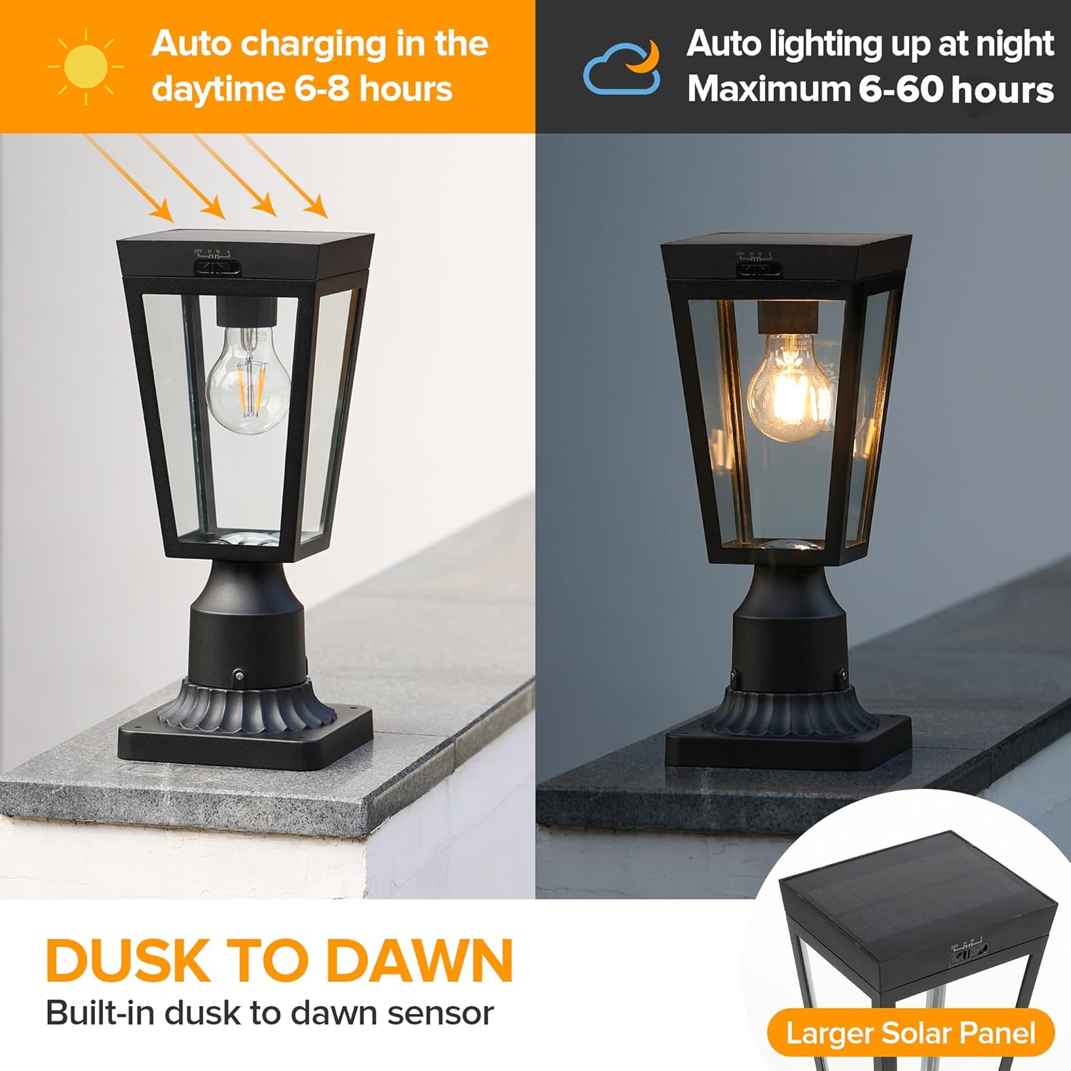 LUTEC 2 Pack Outdoor Solar Lamp Post Light with Pier Mount Base, Dusk to Dawn Waterproof Post Light Fixtures, Black Solar Powered Aluminum Post Lights for Outside