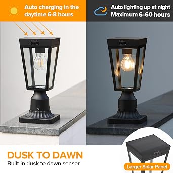 LUTEC Outdoor Solar Lamp Post Light with Pier Mount Base, Dusk to Dawn Waterproof Post Light Fixtures, Black Solar Powered Aluminum Post Lights for Outside