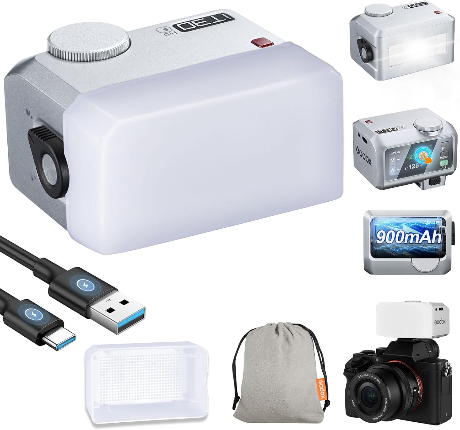 Godox iT30 Pro F TTL Mini Flash for Fuji with Diffuser—HSS 1/8000s,2.8" Full-Color Touchscreen,2.4G Wireless X System,Built-in Lithium Battery for 560 Full Power Flashes(Silver)