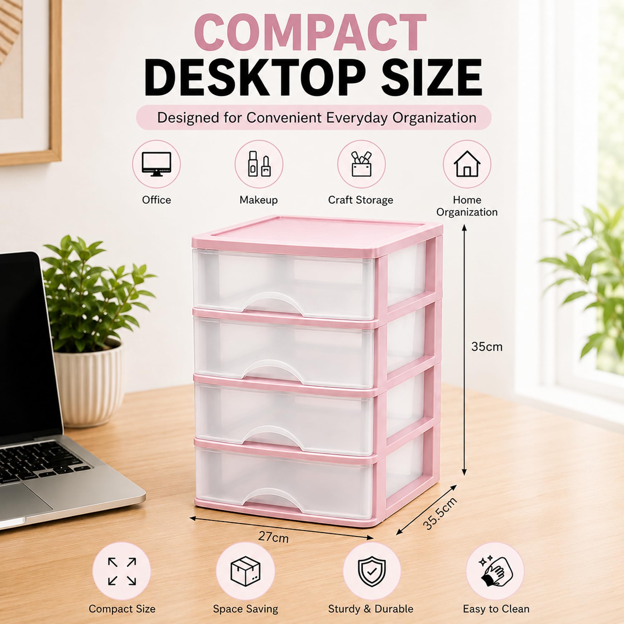PLASTIFIC unità di Archiviazione da Tavolo in Plastica con Cassetti, unità di Torre di Archiviazione per Ufficio Camera da Letto Garage (Rosa con 4 Cassetti Trasparenti, 35,5 X 27 X 35 Cm)