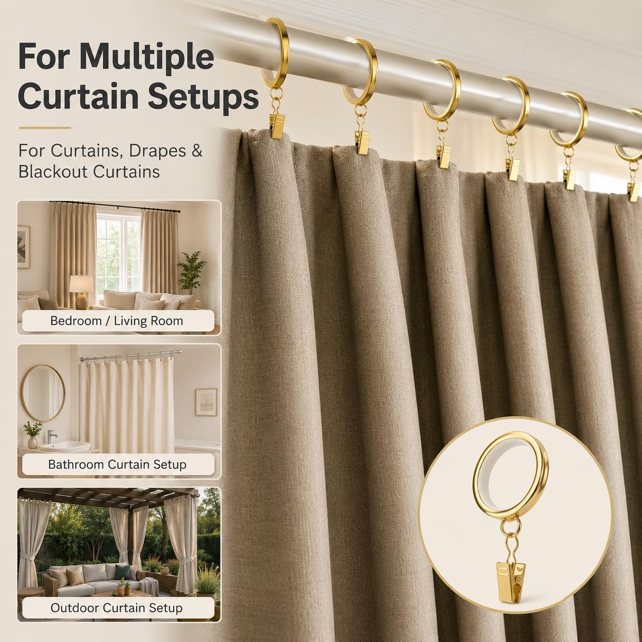 Gold Curtain Rings with Clips, 20 PCS for 1 to 1-1/4 in Rods | Iron rings and removable clips; plastic insert; for panels, drapes, blackout drapes; rod not included