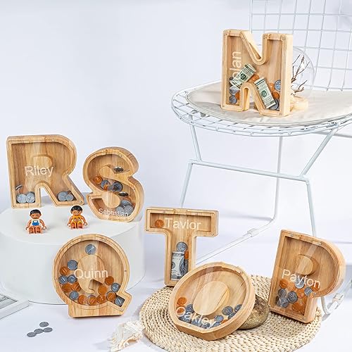 Miniatura 6 de Wooden Piggy Bank Personalized 26 English Alphabet Letter Coin Bank Custom Money Box Wooden Piggy Bank ​Gift for Kids Christmas Birthday Gift Home