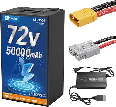 72V 50Ah LiFePO4 Deep Cycle Battery,Spray-Alloy Shell & Automotive Cells 50A BMS, 4000 Cycles, 5A Fast Charger, Anderson/XT90 for 250W-3500W DIY EVs