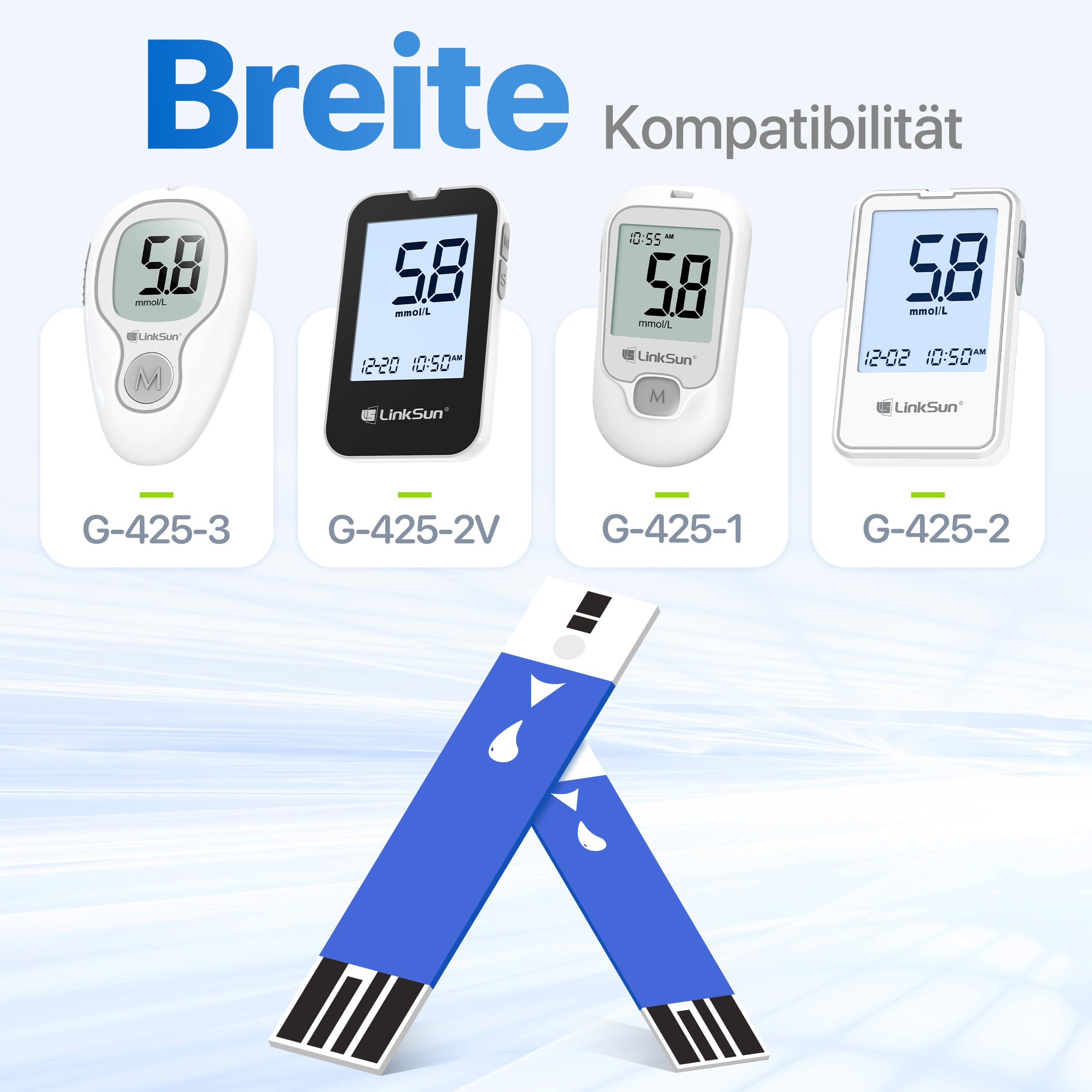LinkSun Blutzuckerteststreifen, 100 Stück, Kompatibel mit G-425-3, G-425-2V, G-425-1 Blutzuckermessgeräten - Präzise Messung, Ergebnis in 5 Sekunden - 2 Flaschen à 50 Stück (messgerät nicht enthalten)