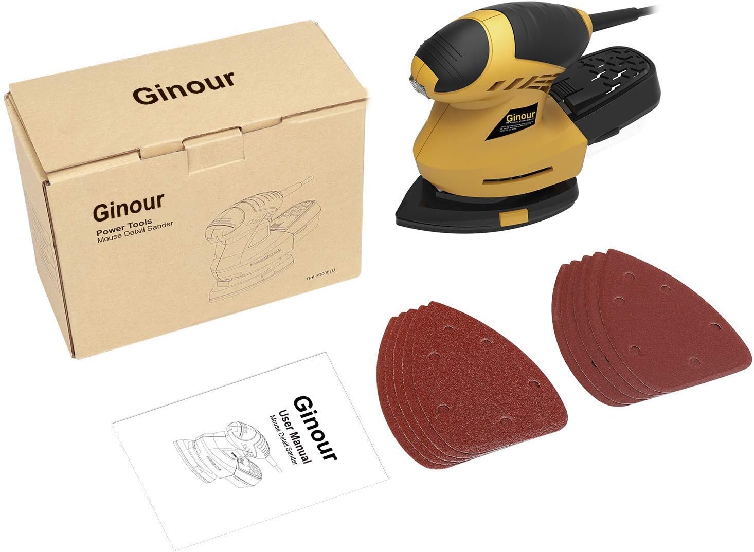 Mouse Detail Sander, Ginour 1.6A 200W 12,000 OPM Sander with 10 Pcs Sandpapers (80 & 180 Grits), 360°Rotatable Sanding Pad, 3M Cord, Dust Collection System For Tight Spaces Sanding in Home Decoration - - 