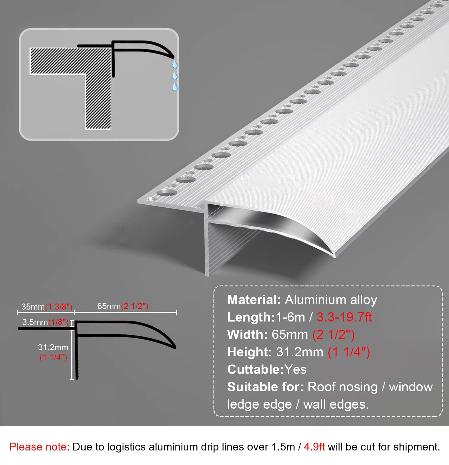 Deflector de Lluvia, Desviador de Lluvia de Aluminio, línea de Goteo, Protector de Pared, prevención de reflujo, cortable, 1m-20m, Blanco(16.4m/53.8ft)