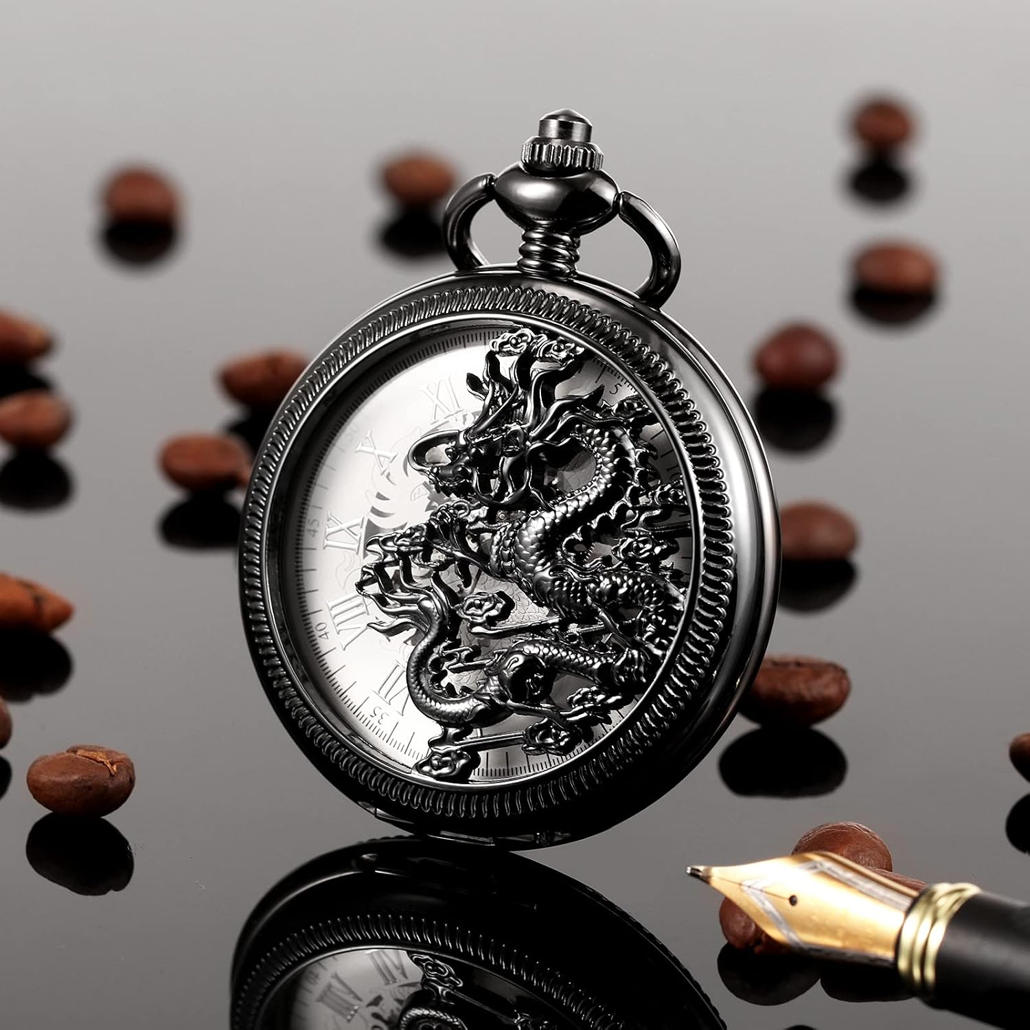 TREEWETO Mens Antique Skeleton Mechanical Black Pocket Watch Dragon Hollow Hunter with Chain and Box