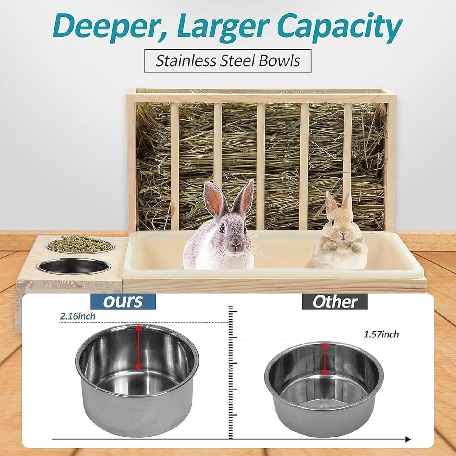 Hamster Feeder - Wooden Hay Holder with Water Bowl for Small Pets | Food Dispenser for Bunny, Ferret, Chinchilla, Hedgehog and Chicken with Easy Refill Design & Cage Friendly Setup for Home, Travel, E