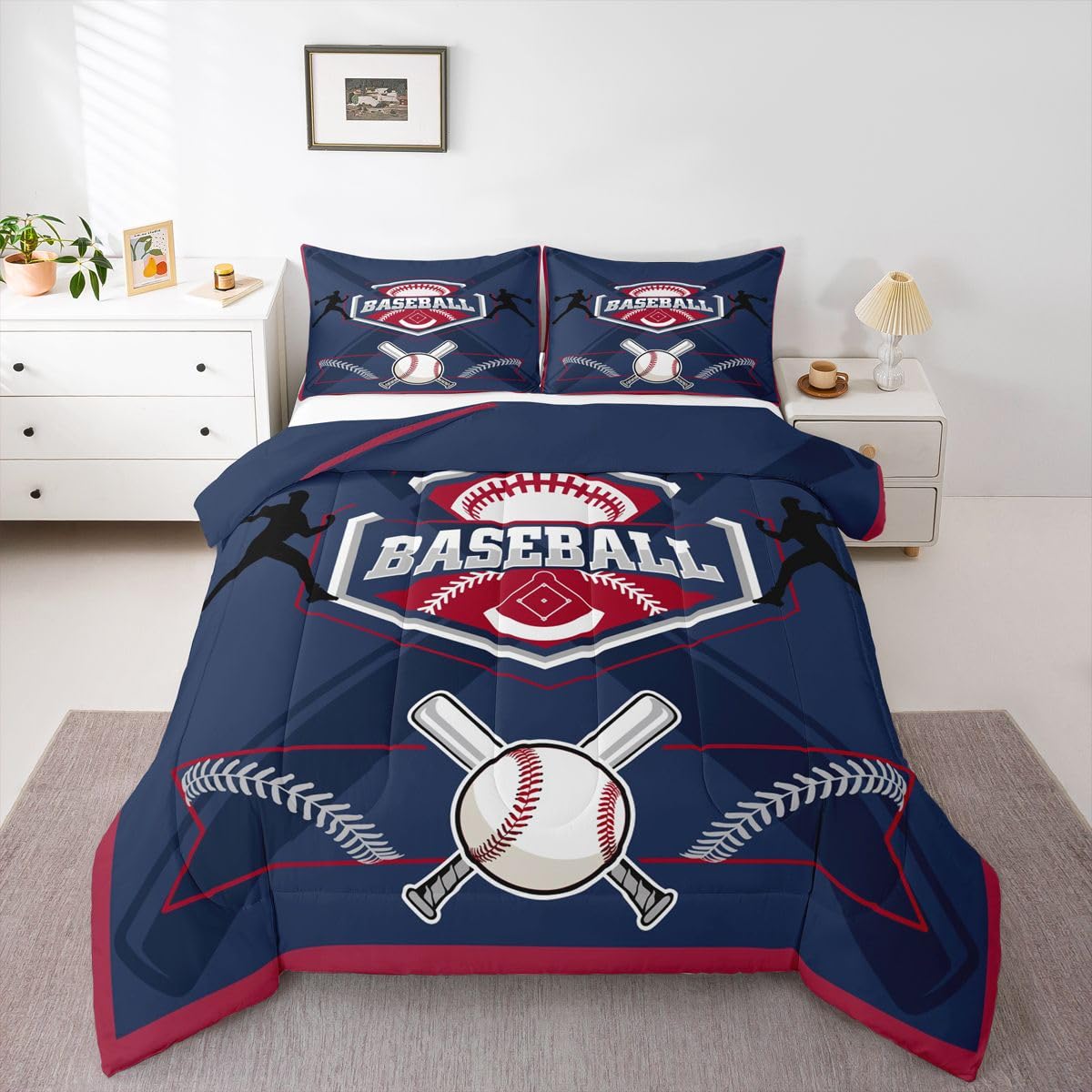 Erosebridal Queen Sports Comforter Set,Baseball Bedding,Boys Baseball Lovers Bedding Comforter Sets,Sports Themed Duvet Insert with 2 Pillowcases