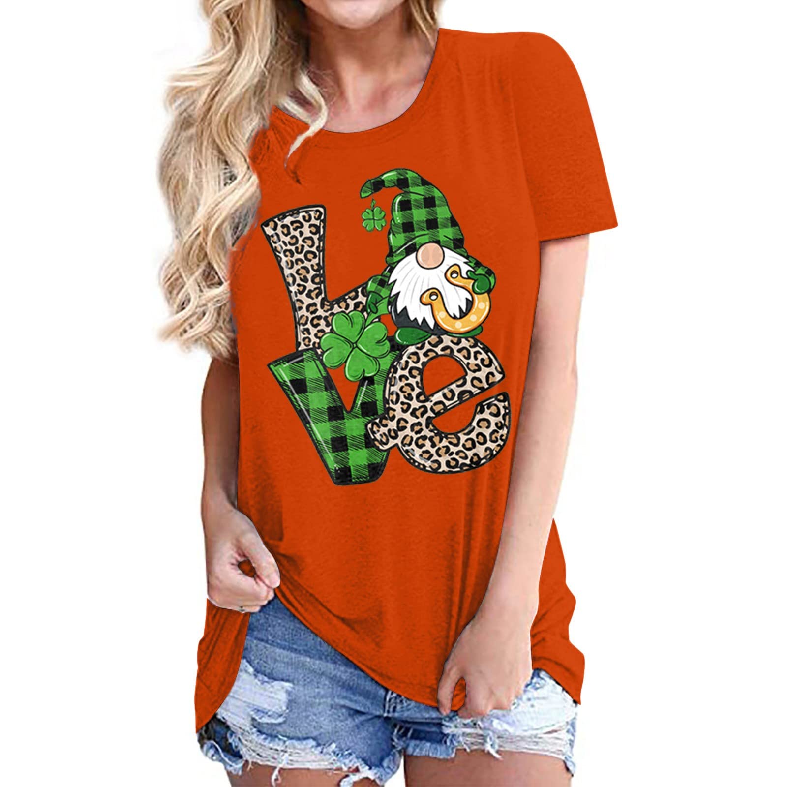 Women's Temperament Round Neck Blouses Classic-Fit St. Patrick's Day Print Tops Breathable Short Sleeve T Shirt