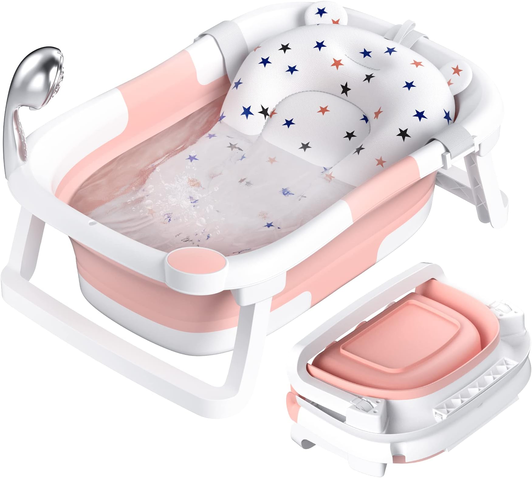 Baby Bath Tub Foldable,Portable Bath Newborn to Toddler with Non-Slip Mat,Drain Hole,No Thermometer,Pink