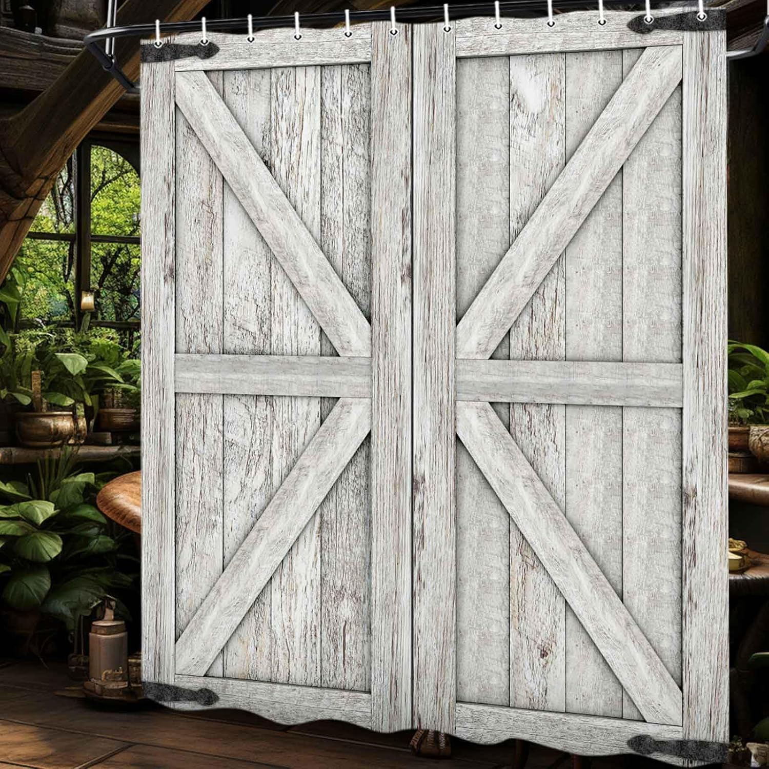 Boziqr Rustic Barn Door Shower Curtain, Vintage Farmhouse Old Wooden Plank Decor Fabric Bathroom Curtains, Western Country Style Shower Curtains Set 70x70 Inches Grey