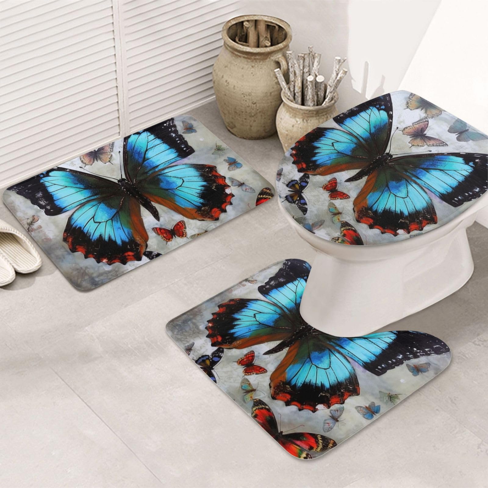 Dwrepo Butterfly Print Bathroom Rug Set 3 Piece with Non-Slip U-Shaped Contour Mat and Toilet Lid Cover for Bathroom Decoration