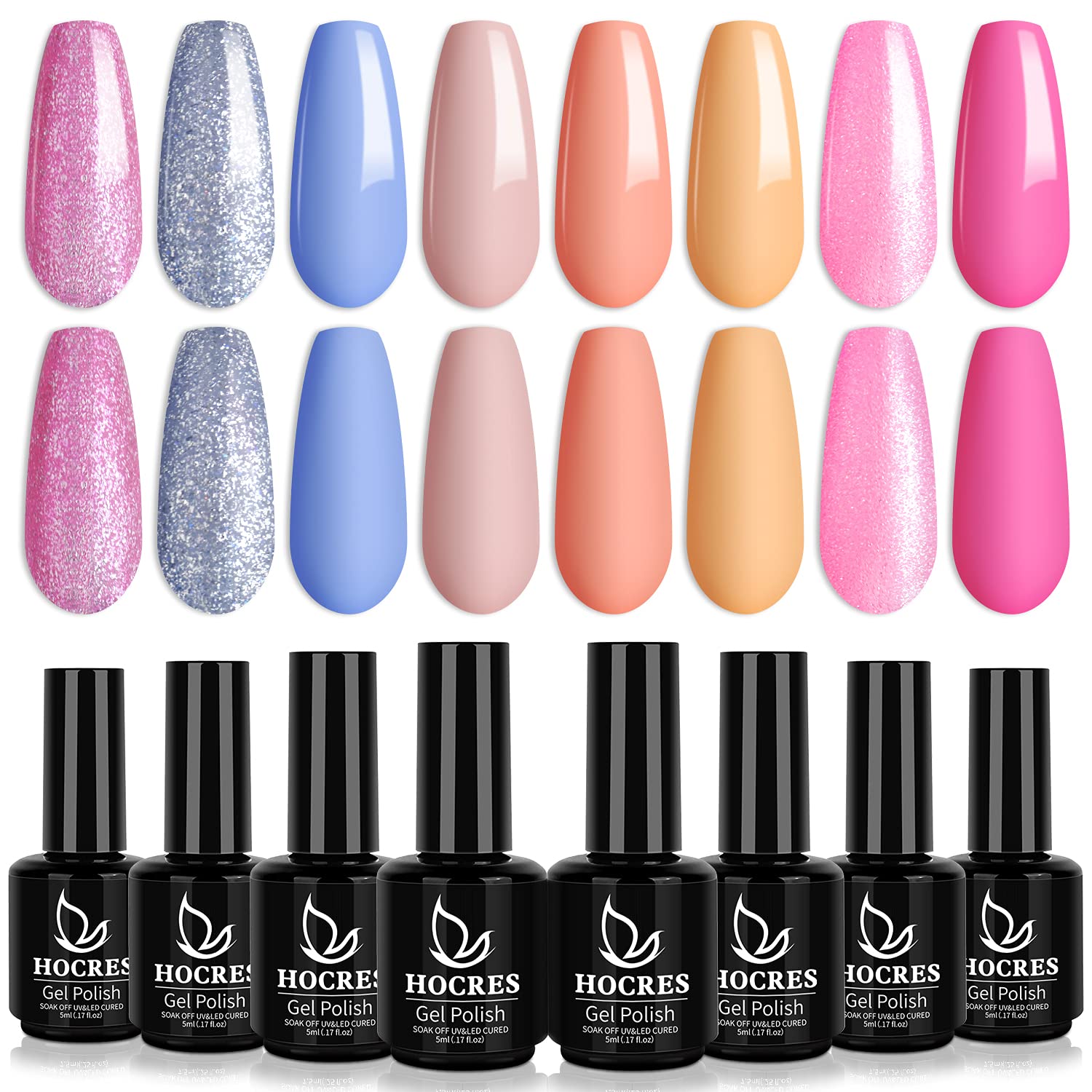 Amazon.com : HOCRES Gel Nail Polish Set 8 Colors Beach Party Glitter Series  Shimmering Blue Peach Pink Orange Soak Off LED Gel Nail Kit for DIY Nail  Art Home Salon : Beauty