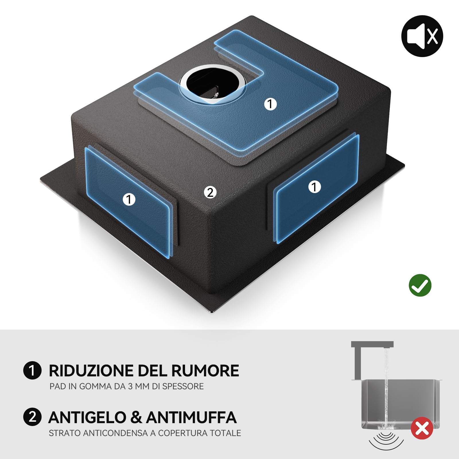 CECIPA 44x49 cm Lavello Cucina 1 Vasca in Acciaio Inox con Foro, Lavandino Cucina 1 Vasca per Mobile da 45cm, Lavello da Incasso o Banco con Sifone e Scarico