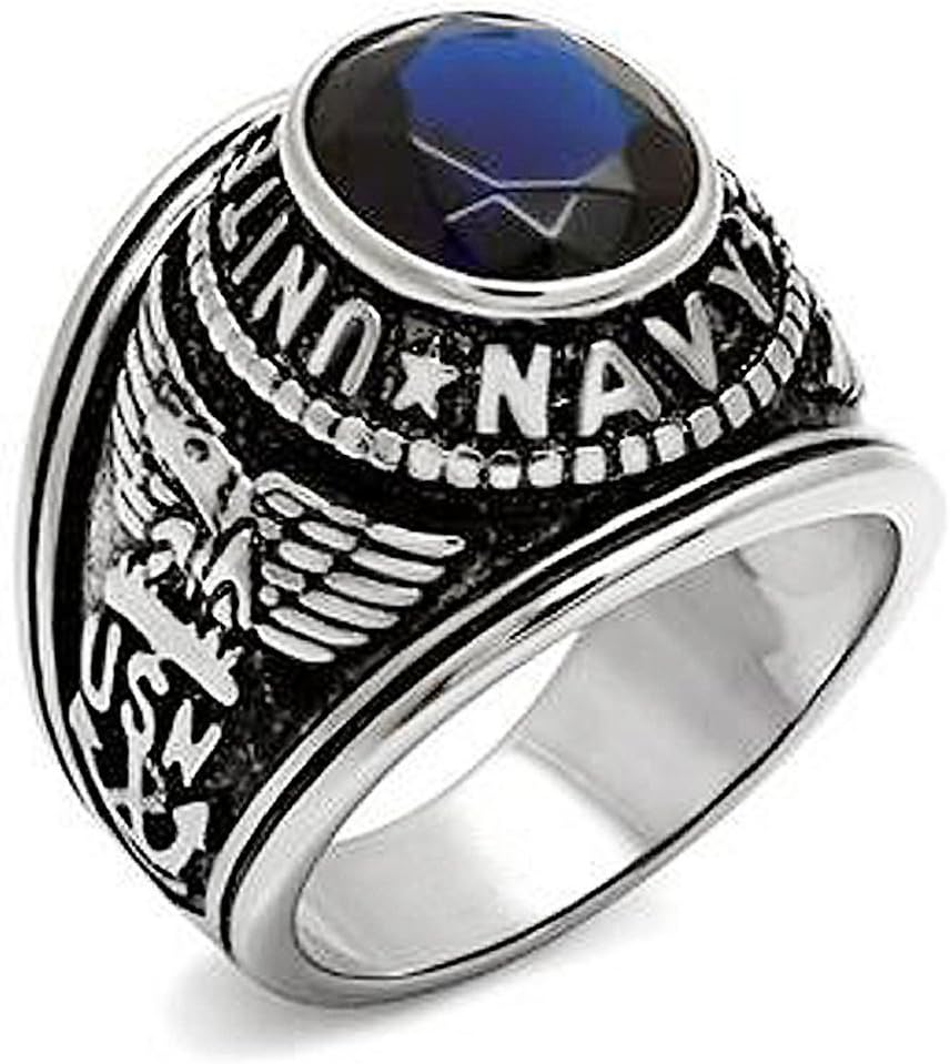 KONOV Mens Cubic Zirconia Stainless Steel Ring, United States Navy Military, Blue