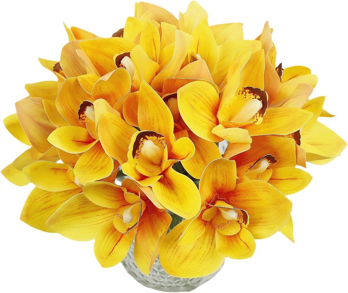 20Pcs Real Touch Artificial Fake Plants Silk Cymbidium Orchid Flowers Arrangements Wedding Bouquets Decorations Plastic Floral Table Centerpieces Home Kitchen Garden Party(Green)