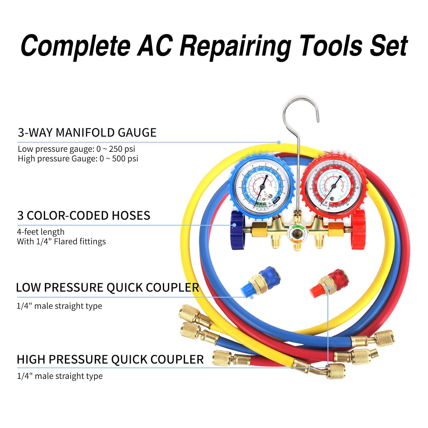 PB Motor Tech AC Diagnostic Manifold Gauge Set for R134A, R12, R22, R502 Refrigerants, Includes 4FT Three-Color Hoses and 2 Quick Couplers - Automotive & Household AC Maintenance