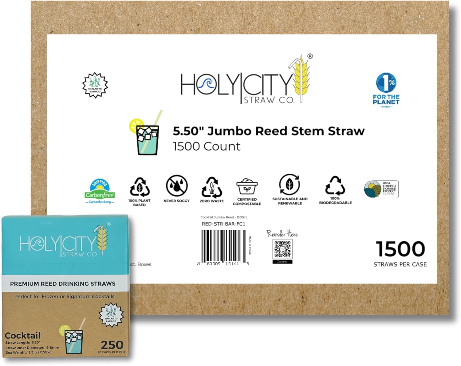 Reed Stem Straws | Cocktail | 1500ct. | 7-9mm diameter | Similar to Bamboo |100% Plant-based, Certified Compostable | Great for Smoothies, Milkshakes, Frozen & Signature Cocktails