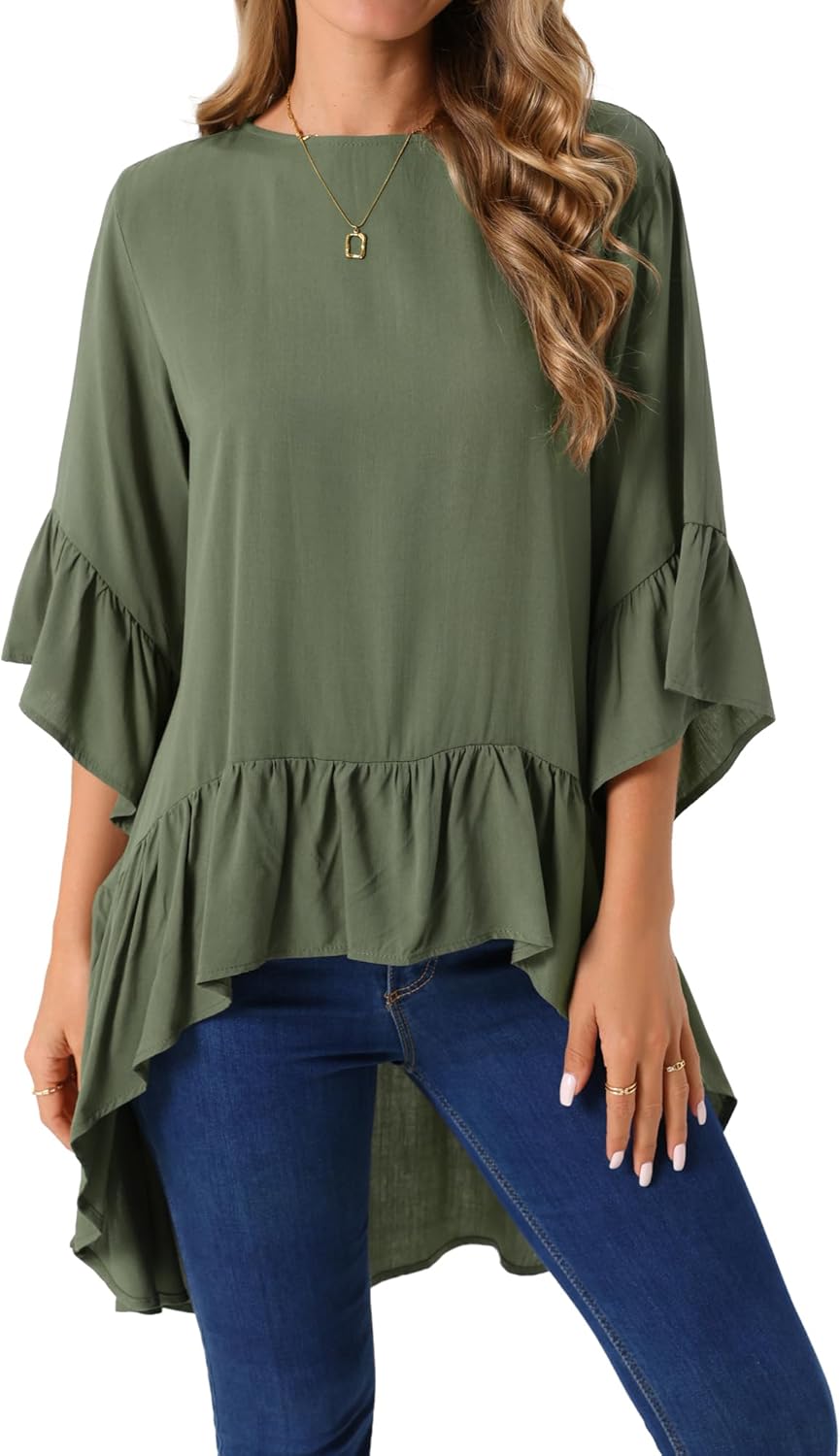 Seta T Women's High Low Tops Bell 3/4 Sleeve Crewneck Casual Ruffle Asymmetrical Hem Loose Fit Blouse