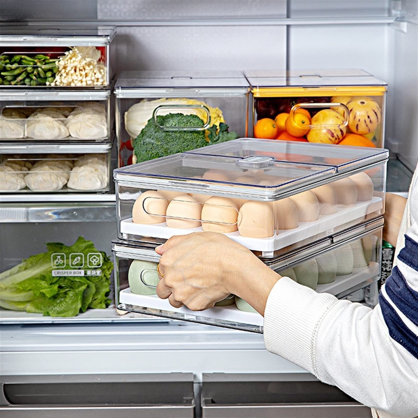 Cubo de Huevos para Nevera, Caja organizadora de Huevos de Cocina, Caja de Almacenamiento para Nevera con Tapa abatible, contenedor de Frutas, Soporte apilable para Verduras