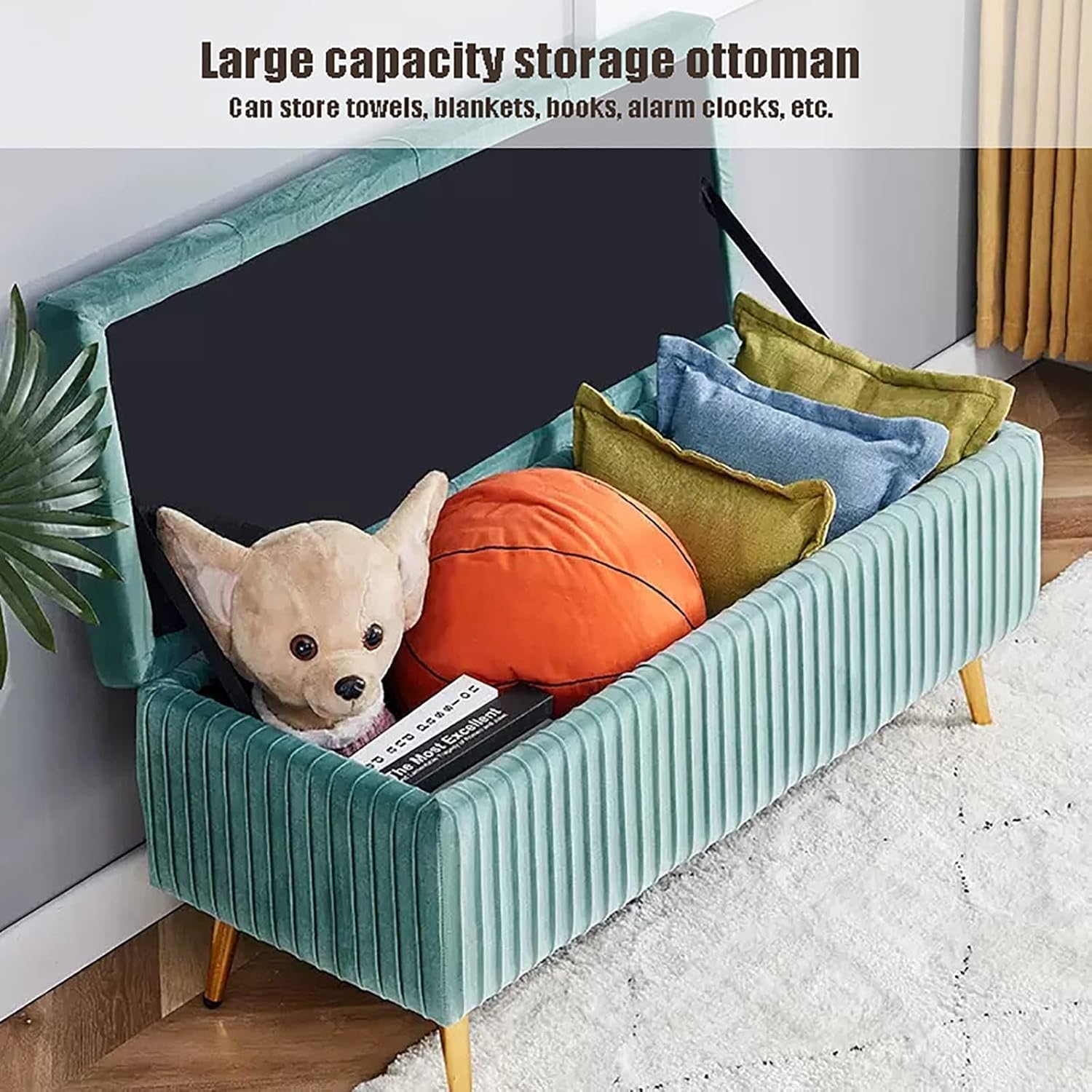 Pouf per Panca Portaoggetti in Velluto con Gambe in Metallo Dorato - Pouf Poggiapiedi Trapuntato con Bottone con Contenitore per Soggiorno Camera da Letto - in, Green a, 80x40x45cm(31x16x18inch)