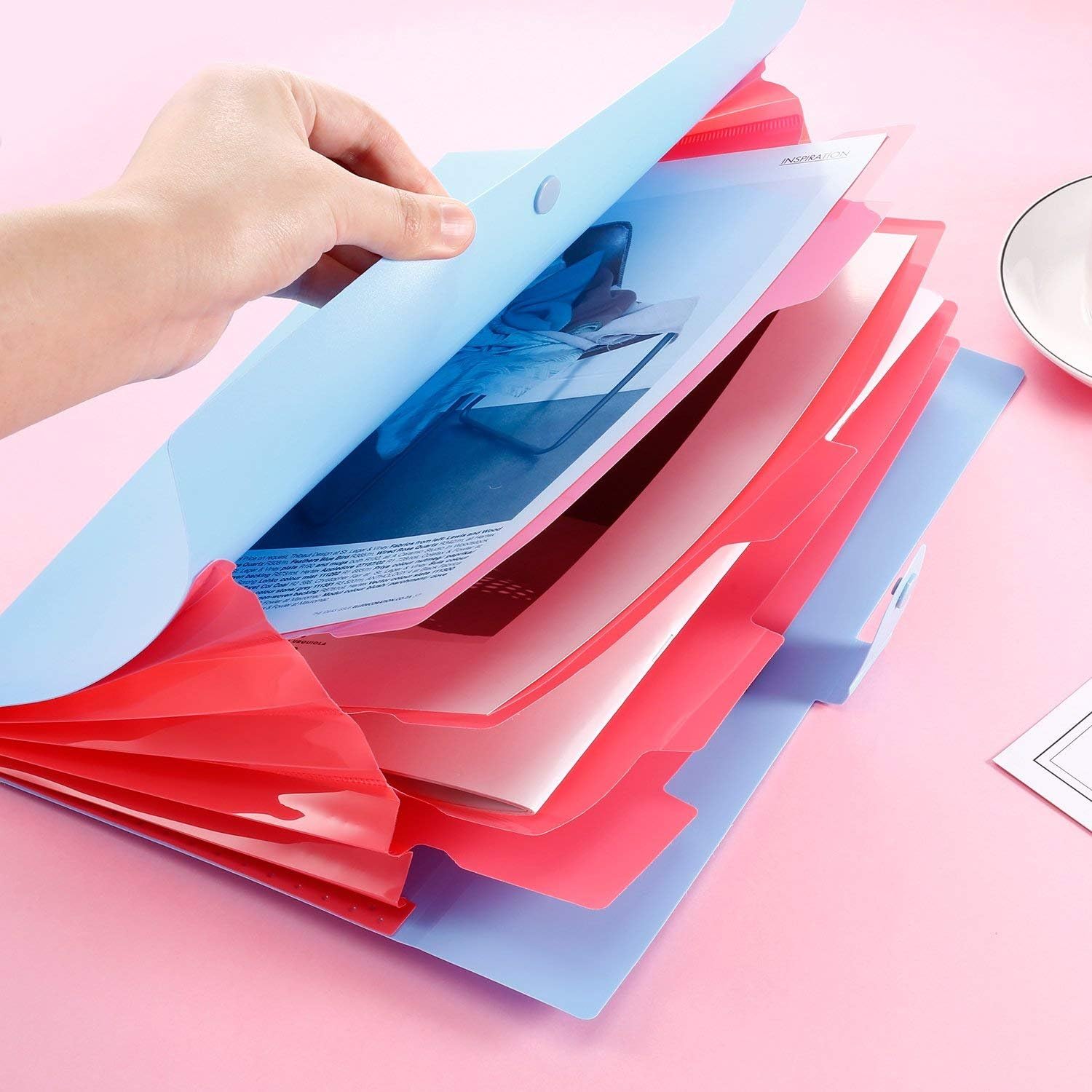 Expanding File Folder 5 Pockets Accordion Document Organizer, Plastic Expandable File Jackets for School and Office, A4 Letter Size 2 Pack (Pink+Green)