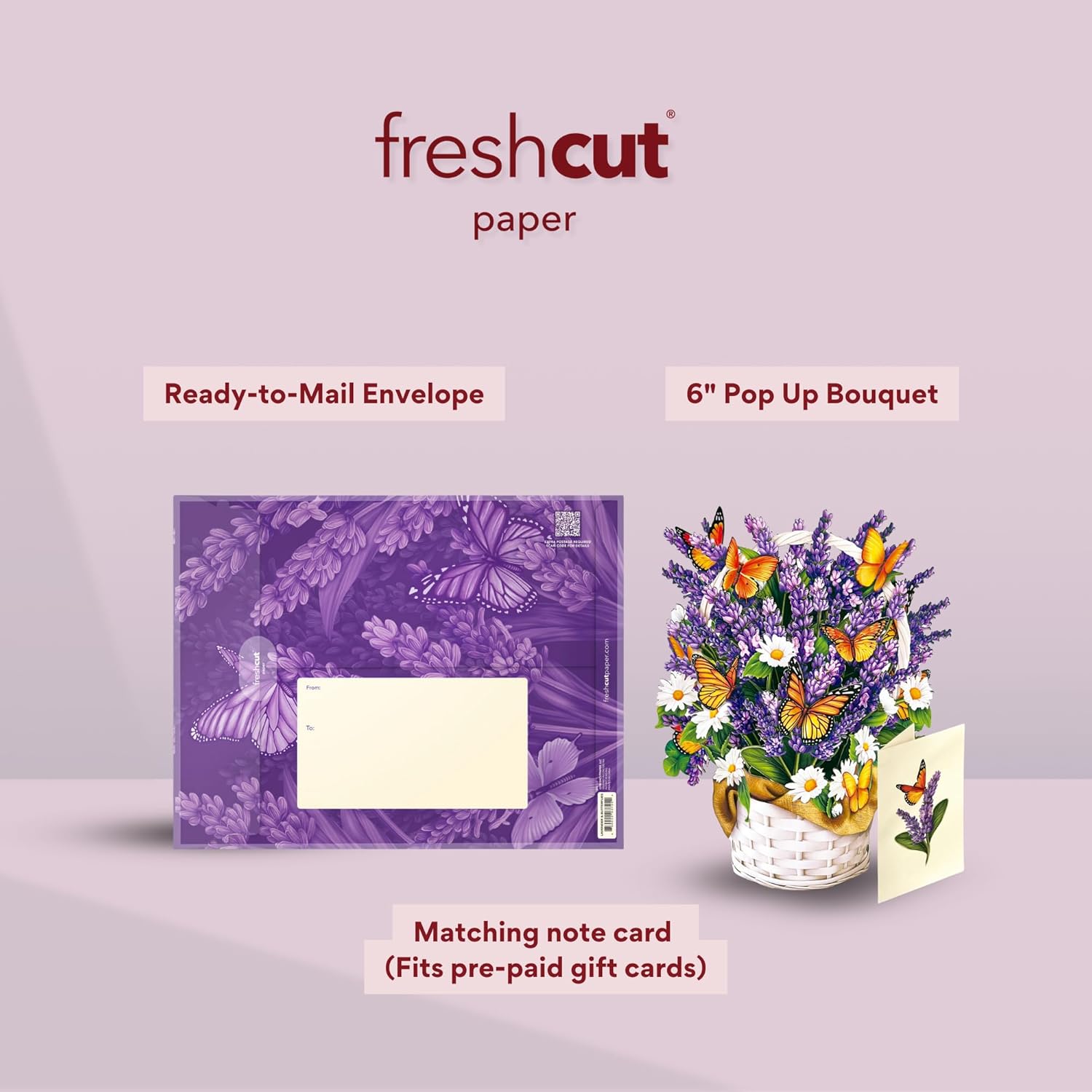 Freshcut Paper Pop Up Cards, Mini Lavender & Butterflies, 6 Inch Mini Sized Forever Flower Bouquet 3D Popup Greeting Card, Birthday Cards, Thank You Card, Teacher Gifts, Blank Notecard & Envelope - Image 3