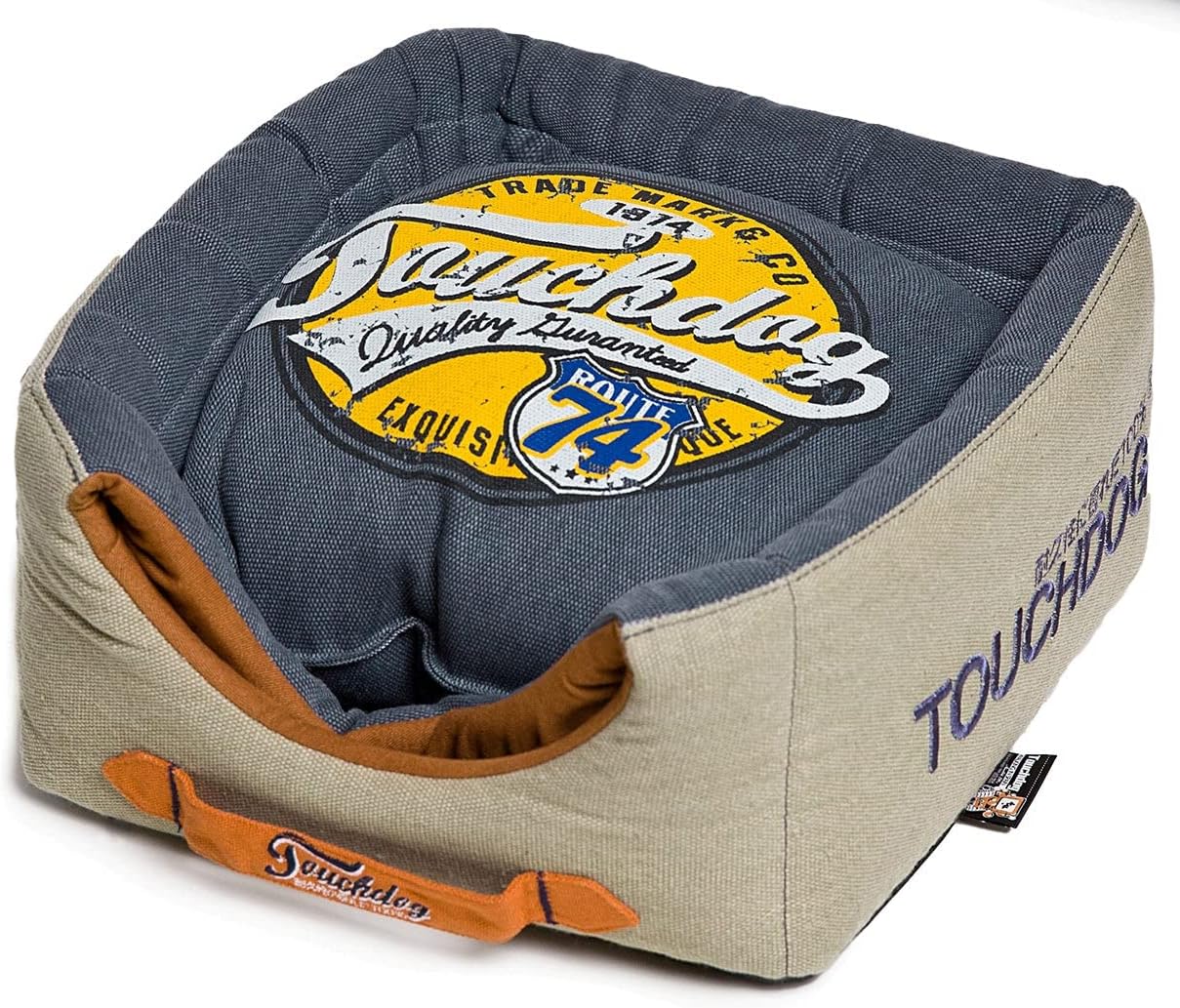 TOUCHDOG 'Vintage Squared' Convertible and Reversible Retro Printed 2-in-1 Collapsible Pet Dog Cat House Bed, One Size, Navy Blue, Beige
