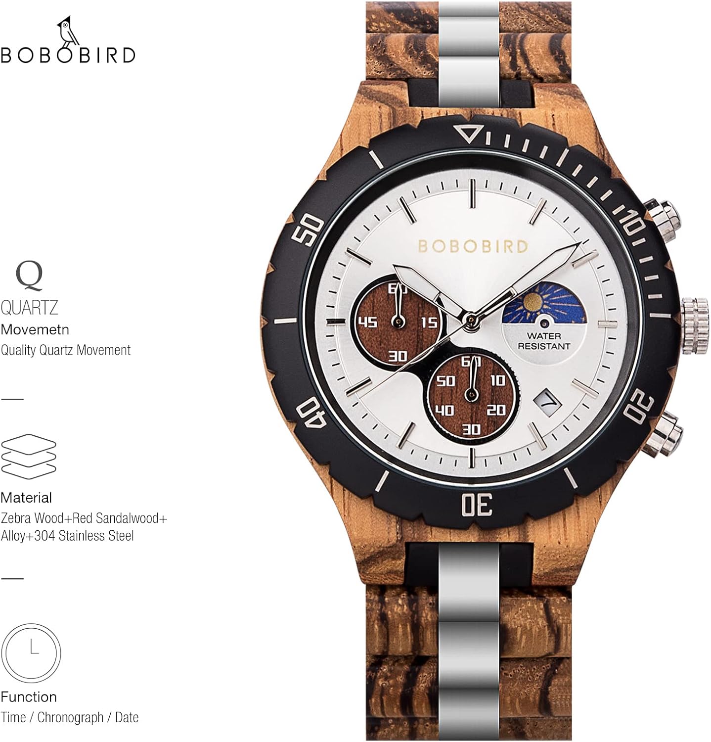BOBO BIRD Mens Quartz Wooden Watches Stainless Steel Red Sandalwood Alloy Wood Watch for Male Classic Function Wristwatch Chronograph Luminous Hands Day and Night Date Display - Image 2