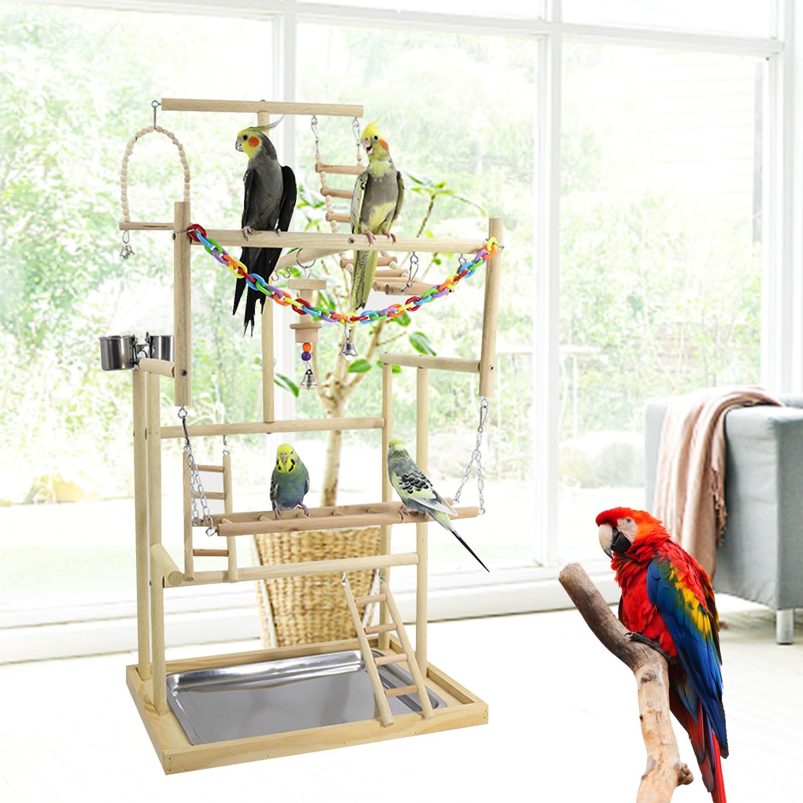 Cockatiel Playground - Large 4 Tier Structure for Parrots and Parakeets - Stand with Perches and Ladder in Natural Wood