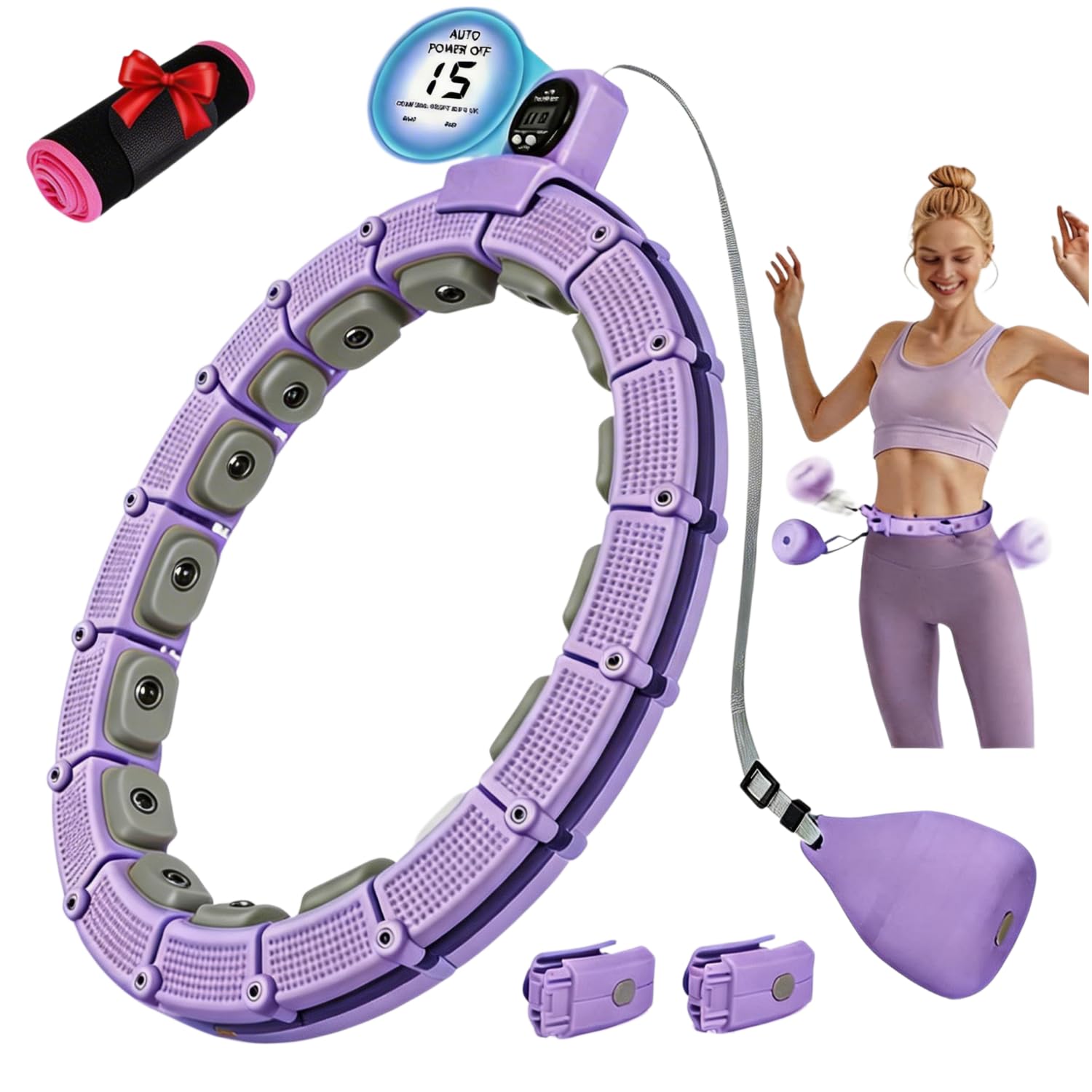 Smart Hula Hoop Reifen Erwachsene und Anfänger mit Gewicht Kugel und Zähler, 24 Knoten Umfang (74-120cm) Hula Hoop mit Hüftgürtel, Abnehmbarer, zum Abnehmen und Fit Werden, Geräuscharm, Frau/Männer