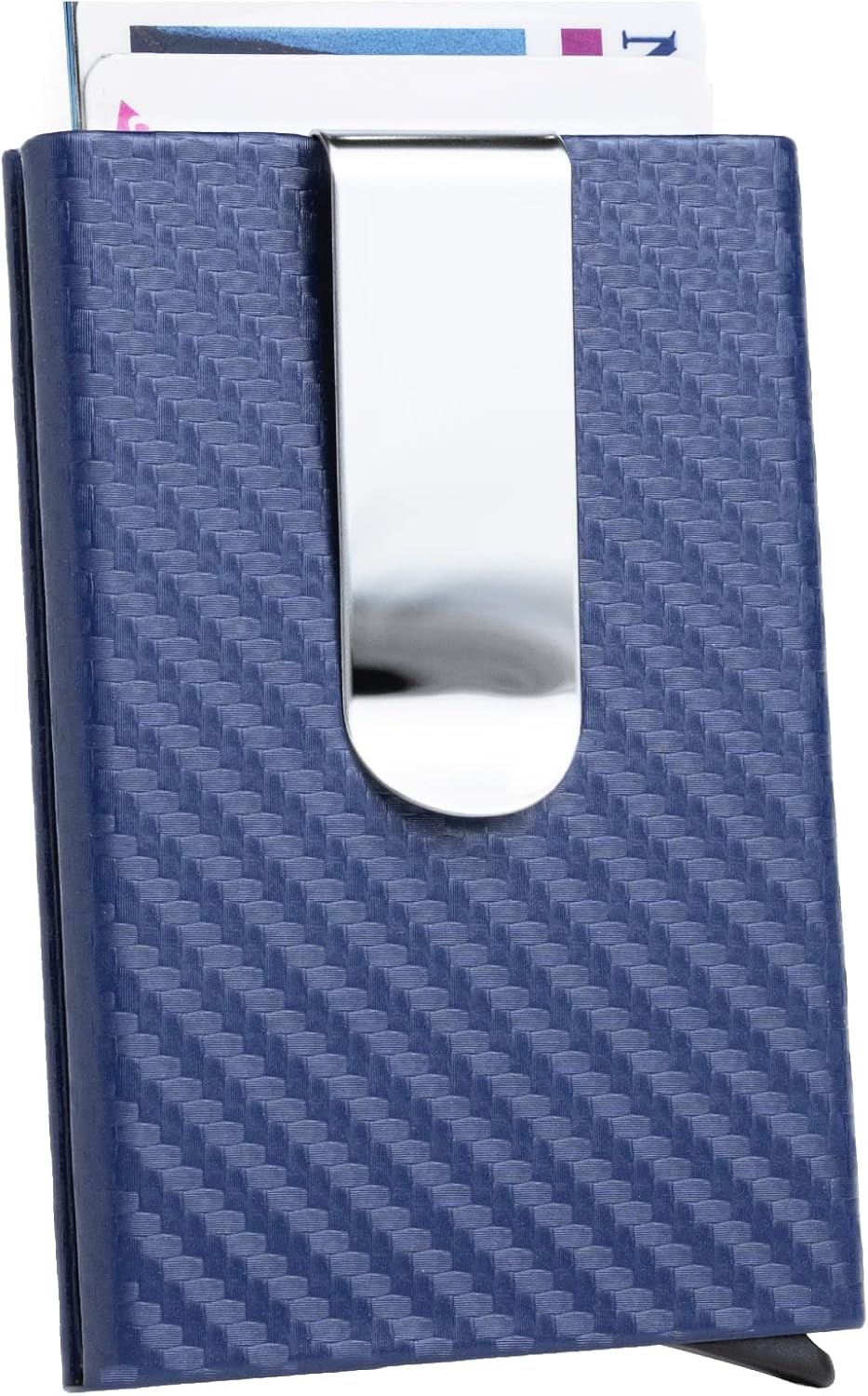 UNIKTREND Carbon Fiber Smart Slim and Thin Minimalist Wallets for Men and Women, Card Holder Wallet Metal Money Clip Wallet Pop Up Wallet RFID Credit Card Case Gifts (Blue)