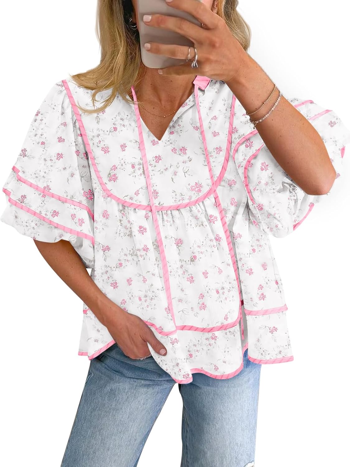 Cicy Bell Womens Summer Babydoll Tops V Neck Short Lantern Sleeve Shirts Cute Loose Fit Floral Flowy Blouses