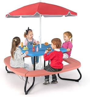 GOPLUS Juego de Mesa de Picnic para Niños, Mesa de Actividades de 8 Asientos de Interior Exterior con Sombrilla Ajustable y Plegable, 4 Bancos Incorporados, Mueble de Patio de HDPE (Azul+Rojo)