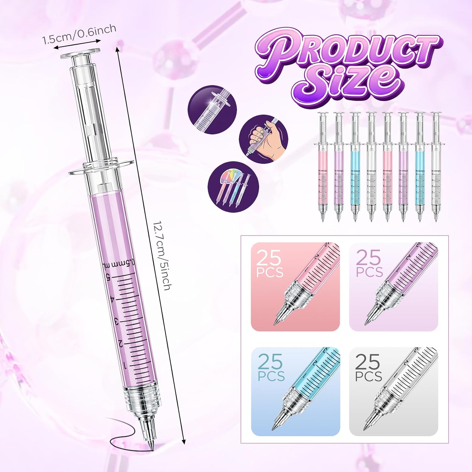 Estune 100 Pcs Syringe Retractable Nurse Pens Novelty Fun Medical Blood Ballpoint Pens Gifts for Nursing Student School Supplies Birthdays Doctor Pretend Party Favors (Trendy Style,Macaron)