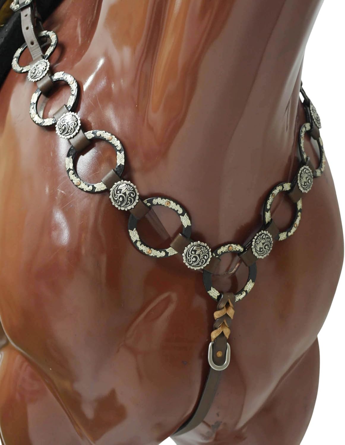 Western Ring Headstall and Breast Collar Handmade Tack Set for Horses, Two-Tone Brown with Engraved Nickel Rings, Raw Leather Laces & Braided Browband, Argentina Leather