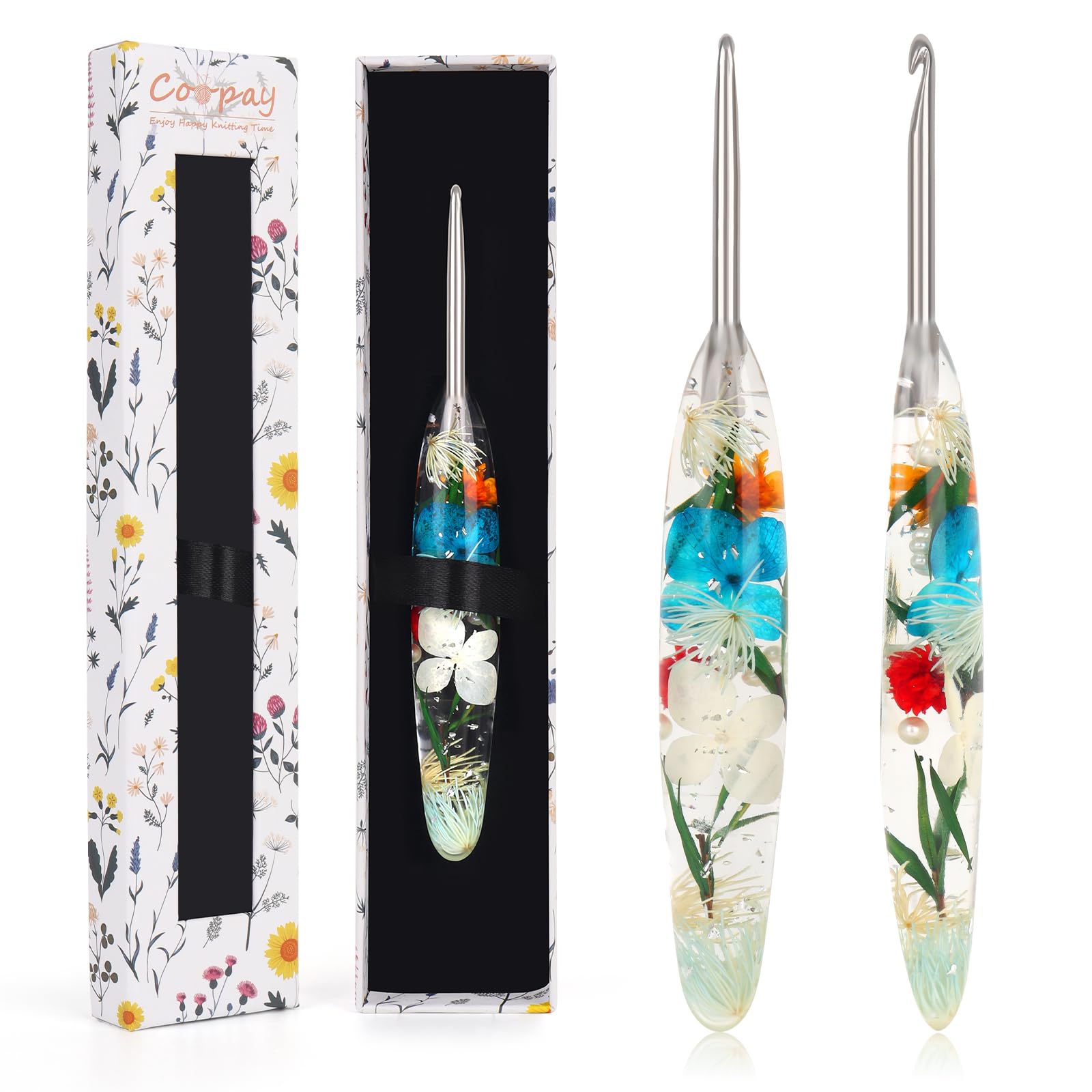 Coopay 4.0mm Crochet Hook, Bling Floral Resin Crochet Hooks with Case, Smooth Stainless Steel Crochet Hook, Ergonomic Crochet Hooks for Arthritic Hands, Ideal for Crocheting Blankets, Dolls, Scarves